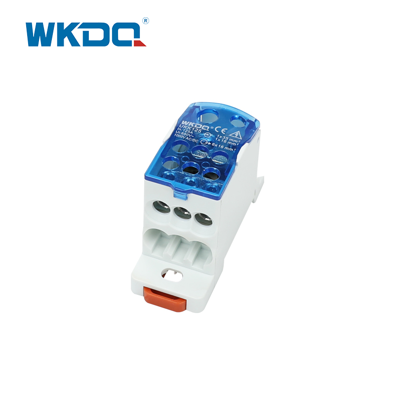 Din Rail UKK 125A Blok Terminal Distribusi Tenaga Listrik Mini Unipolar, Blok Konektor Sekrup Berwarna Biru dan Abu-abu